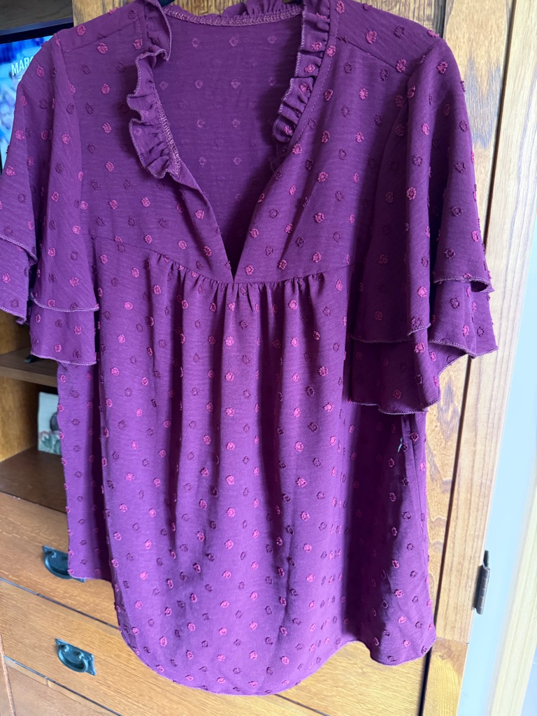Women’s Ruffle V-Neck Swiss Dot Top - Plum